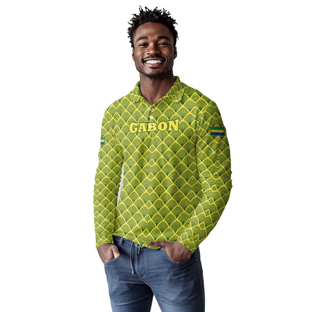 Gabon Tribal Pattern Long Sleeve Polo Shirt - National Flag Colors and Bold Text Design
