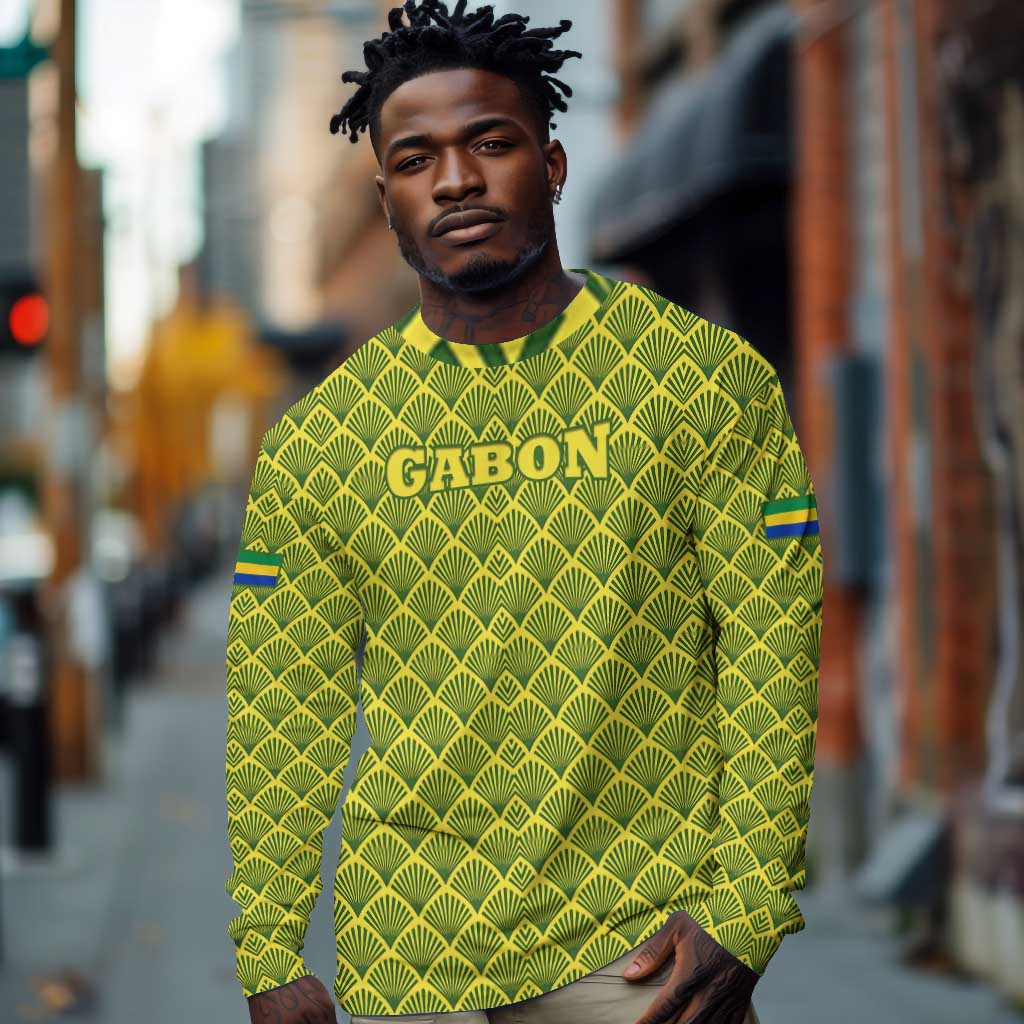 Gabon Tribal Pattern Long Sleeve Shirt - National Flag Colors and Bold Text Design
