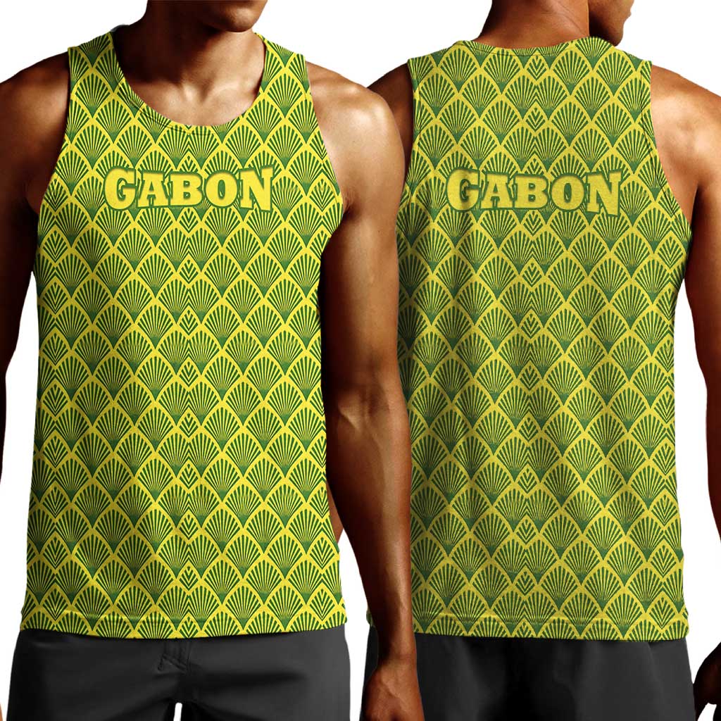 Gabon Tribal Pattern Men Tank Top - National Flag Colors and Bold Text Design