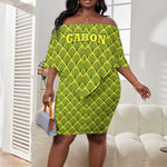 Gabon Tribal Pattern Off Shoulder Short Dress - National Flag Colors and Bold Text Design