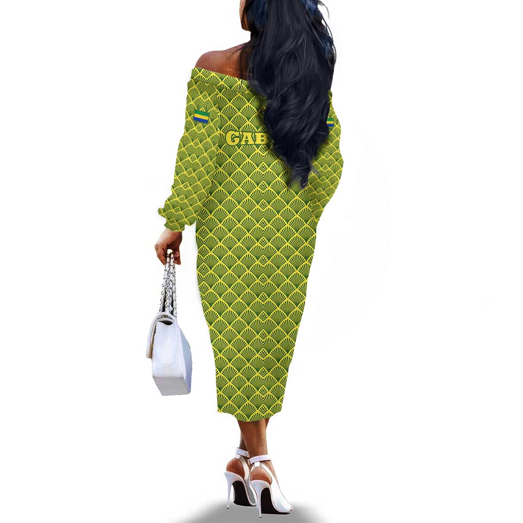 Gabon Tribal Pattern Off The Shoulder Long Sleeve Dress - National Flag Colors and Bold Text Design