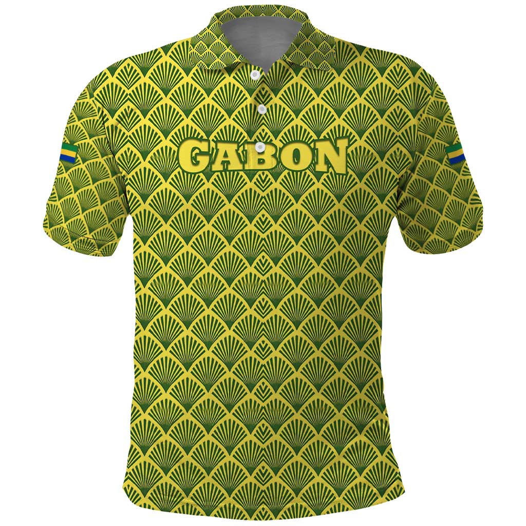 Gabon Tribal Pattern Polo Shirt - National Flag Colors and Bold Text Design