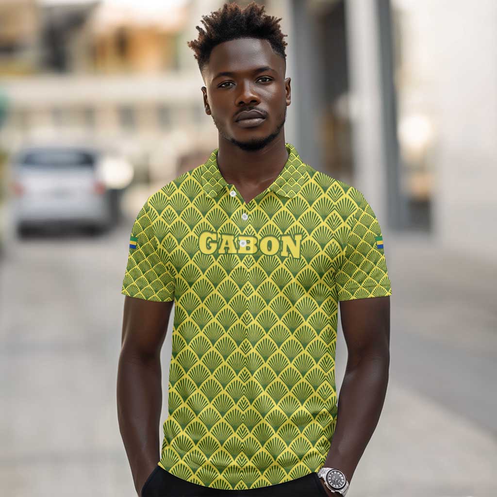 Gabon Tribal Pattern Polo Shirt - National Flag Colors and Bold Text Design
