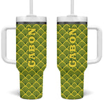 Gabon Tribal Pattern Tumbler With Handle - National Flag Colors and Bold Text Design
