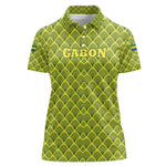 Gabon Tribal Pattern Women Polo Shirt - National Flag Colors and Bold Text Design