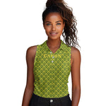Gabon Tribal Pattern Women Sleeveless Polo Shirt - National Flag Colors and Bold Text Design