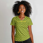 Gabon Tribal Pattern Women V-Neck T-Shirt - National Flag Colors and Bold Text Design