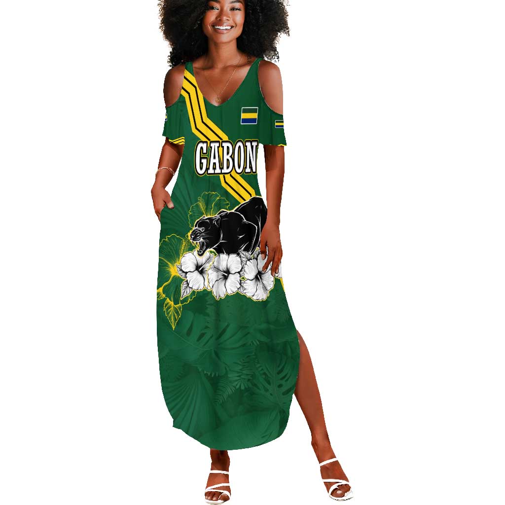 Gabon Summer Maxi Dress - Black Panther Graphic and Hibiscus Flower Design  in National Colors by AfricanPride