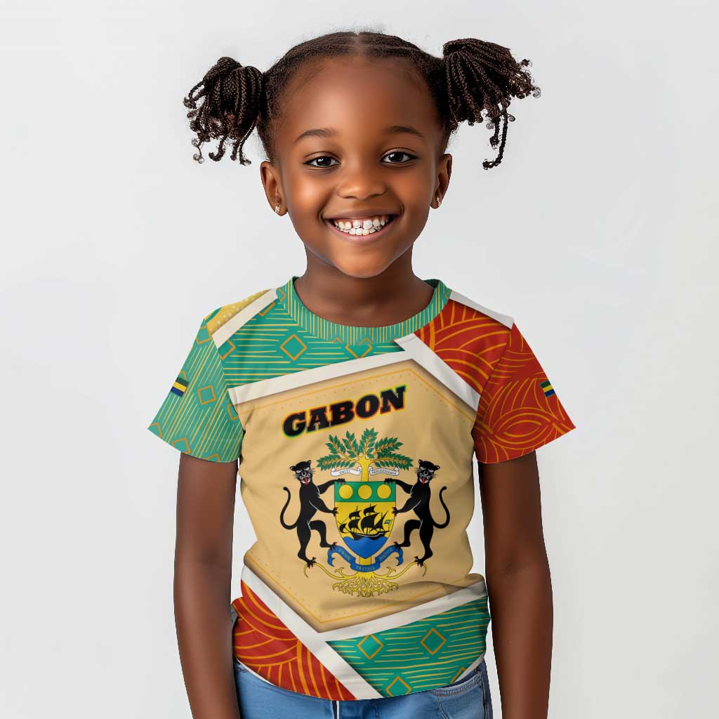 Gabon Kid T shirt - National Coat of Arms and Tribal Pattern Map Design in Bold Colors