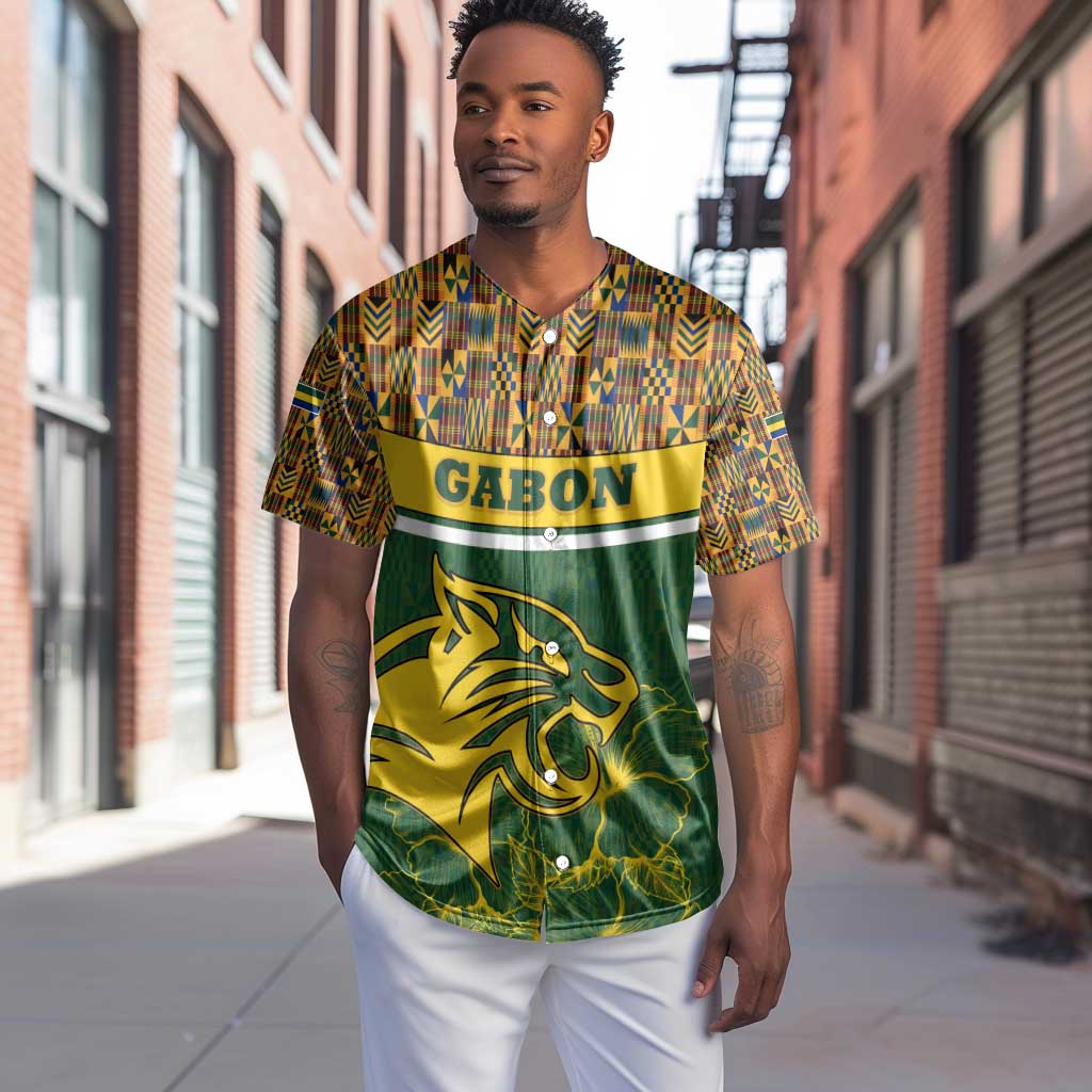 Gabon Baseball Jersey - Tribal Print and Fierce Panther Graphic in National Flag Colors