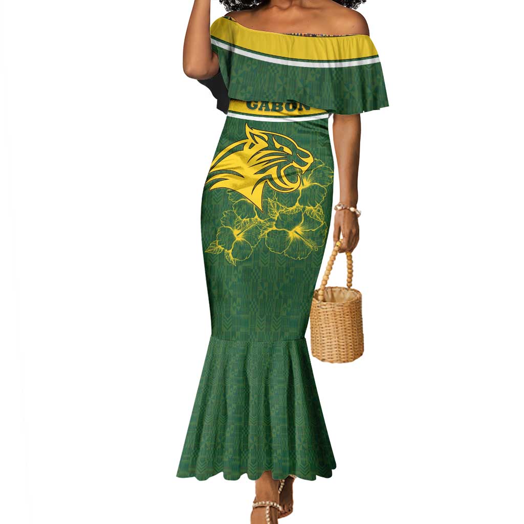 Gabon Mermaid Dress - Tribal Print and Fierce Panther Graphic in National Flag Colors by AfricanPride Gabon Mermaid Dress - Tribal Print and Fierce Panther Graphic in National Flag Colors by AfricanPride