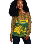 Gabon Off Shoulder Sweater - Tribal Print and Fierce Panther Graphic in National Flag Colors