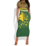 Gabon Short Sleeve Bodycon Dress - Tribal Print and Fierce Panther Graphic in National Flag Colors