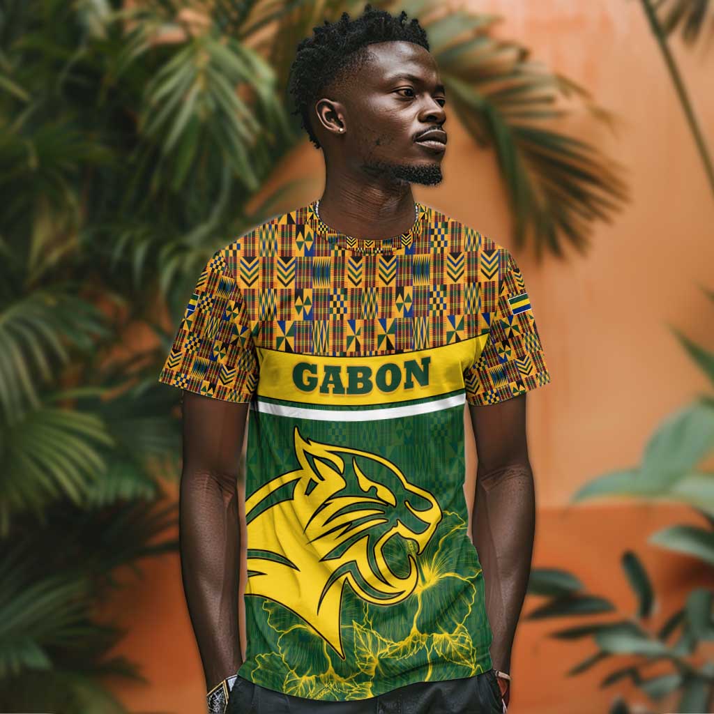 Gabon T shirt - Tribal Print and Fierce Panther Graphic in National Flag Colors