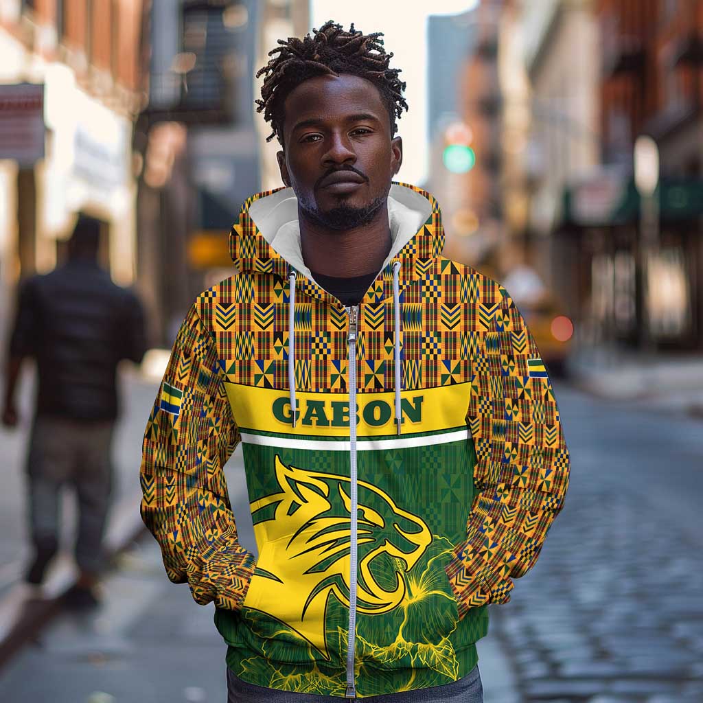 Gabon Zip Hoodie - Tribal Print and Fierce Panther Graphic in National Flag Colors