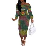 Togo Off The Shoulder Long Sleeve Dress Red Lion Head Design and Traditional African Pattern