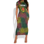 Togo Short Sleeve Bodycon Dress Red Lion Head Design and Traditional African Pattern