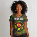 Togo Women V-Neck T-Shirt Red Lion Head Design and Traditional African Pattern