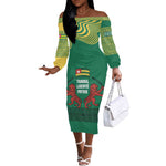 Togo Off The Shoulder Long Sleeve Dress - Red Twin Lions and Travail Liberté Patrie Slogan