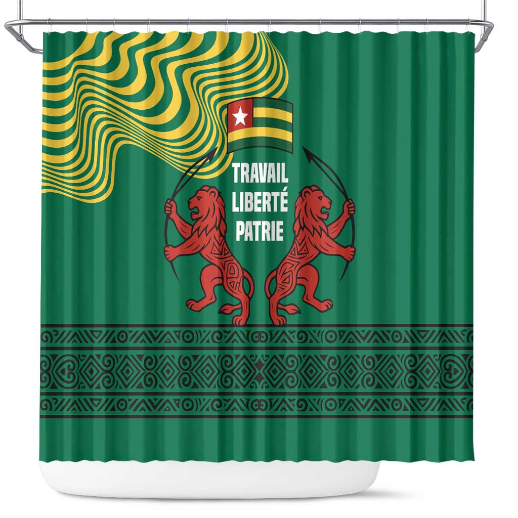 Togo Shower Curtain - Red Twin Lions and Travail Liberté Patrie Slogan