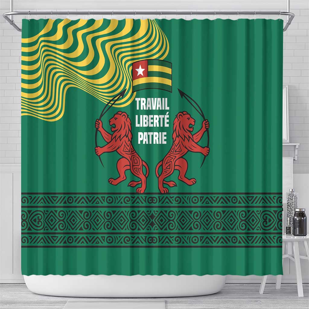 Togo Shower Curtain - Red Twin Lions and Travail Liberté Patrie Slogan