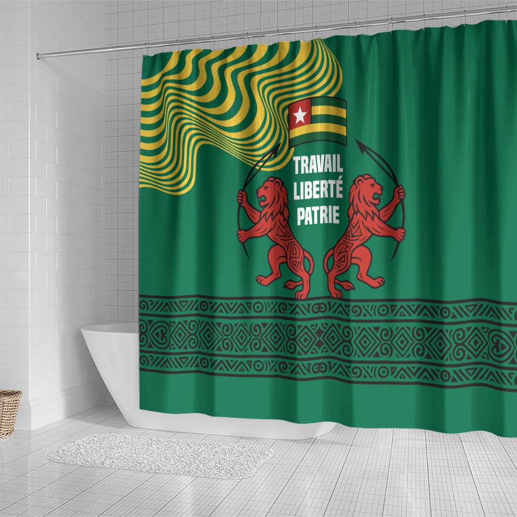 Togo Shower Curtain - Red Twin Lions and Travail Liberté Patrie Slogan