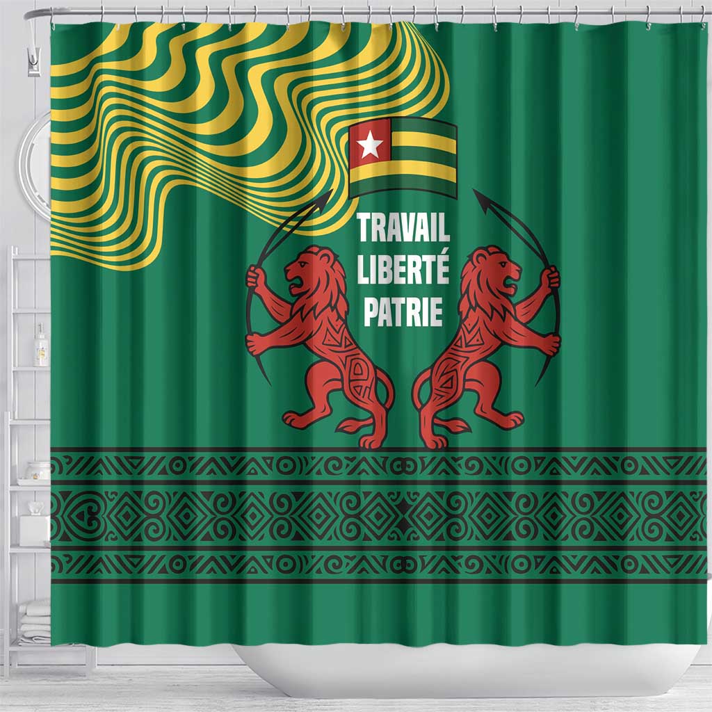 Togo Shower Curtain - Red Twin Lions and Travail Liberté Patrie Slogan