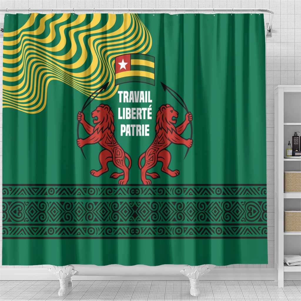 Togo Shower Curtain - Red Twin Lions and Travail Liberté Patrie Slogan