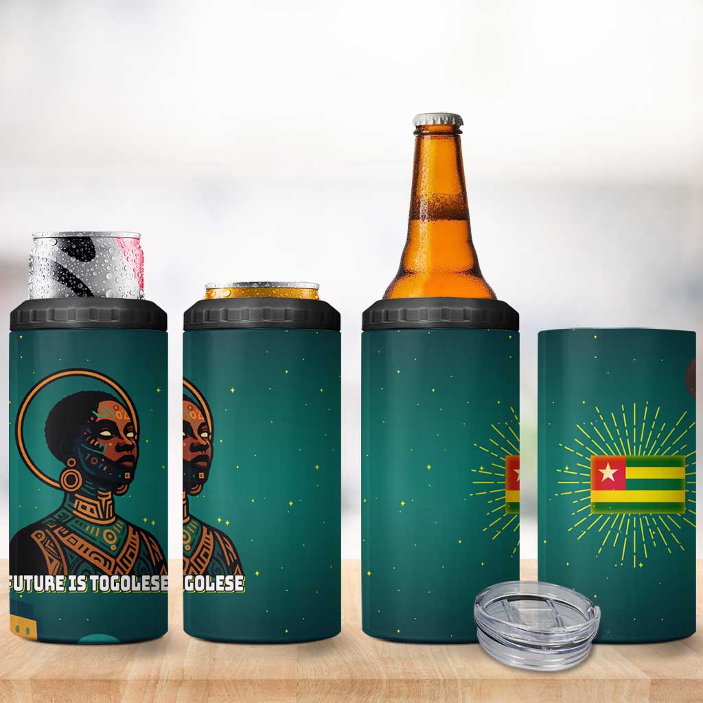 Togo Futuristic Afrocentric Woman 4 in 1 Can Cooler Tumbler with Flag and Stars Design