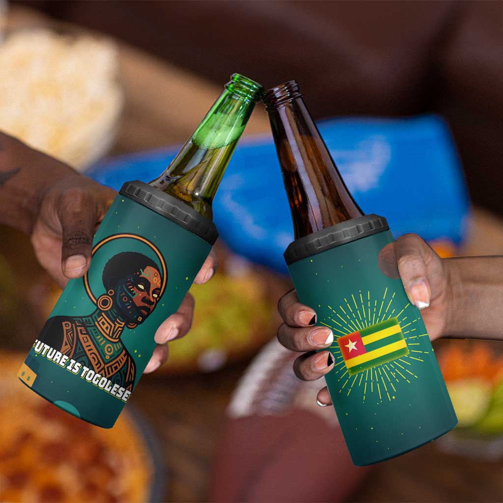 Togo Futuristic Afrocentric Woman 4 in 1 Can Cooler Tumbler with Flag and Stars Design