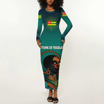 Togo Futuristic Afrocentric Woman Long Sleeve Bodycon Dress with Flag and Stars Design