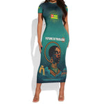 Togo Futuristic Afrocentric Woman Short Sleeve Bodycon Dress with Flag and Stars Design