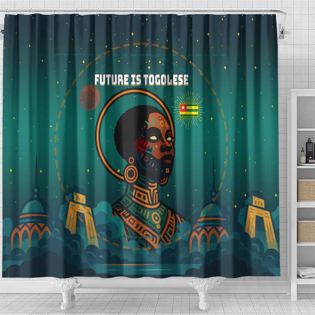 Togo Futuristic Afrocentric Woman Shower Curtain with Flag and Stars Design