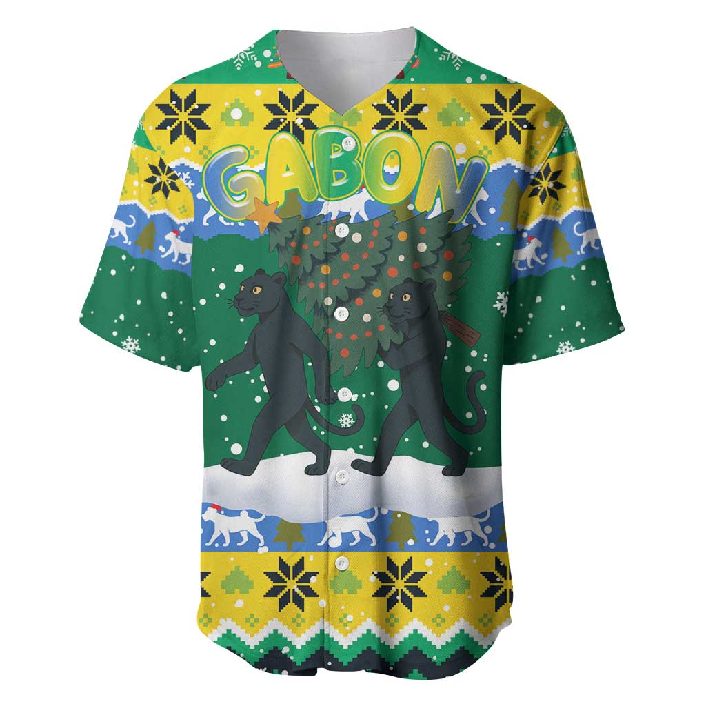 Gabon Christmas Baseball Jersey Black Panthers Carrying Tree and Snowflake - African Pride