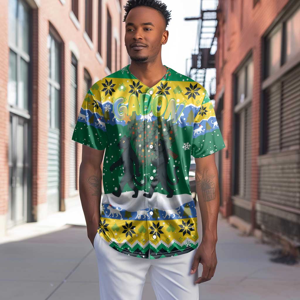 Gabon Christmas Baseball Jersey Black Panthers Carrying Tree and Snowflake - African Pride