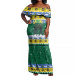 Gabon Christmas Off Shoulder Maxi Dress Black Panthers Carrying Tree and Snowflake - African Pride
