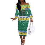 Gabon Christmas Off The Shoulder Long Sleeve Dress Black Panthers Carrying Tree and Snowflake - African Pride
