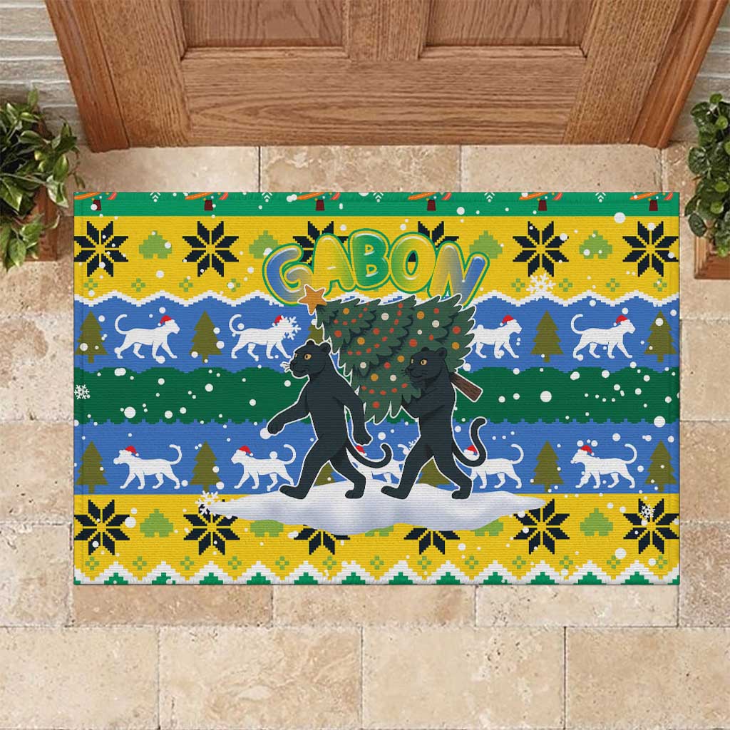 Gabon Christmas Rubber Doormat Black Panthers Carrying Tree and Snowflake - African Pride
