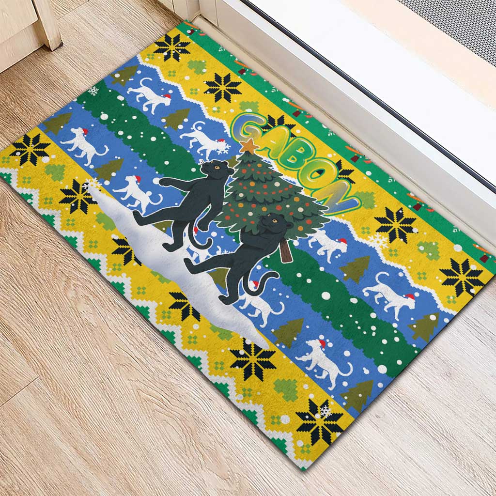 Gabon Christmas Rubber Doormat Black Panthers Carrying Tree and Snowflake - African Pride