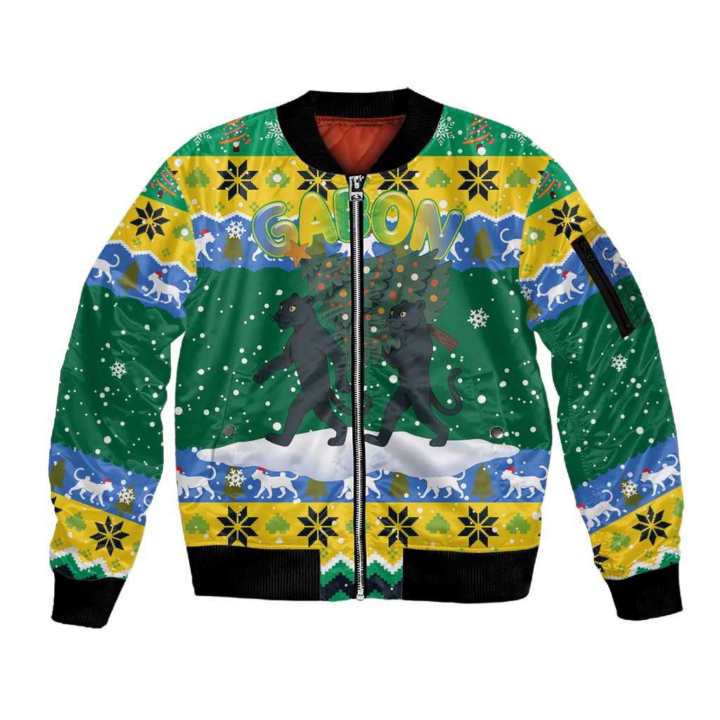 Gabon Christmas Sleeve Zip Bomber Jacket Black Panthers Carrying Tree and Snowflake - African Pride