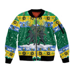 Gabon Christmas Sleeve Zip Bomber Jacket Black Panthers Carrying Tree and Snowflake - African Pride