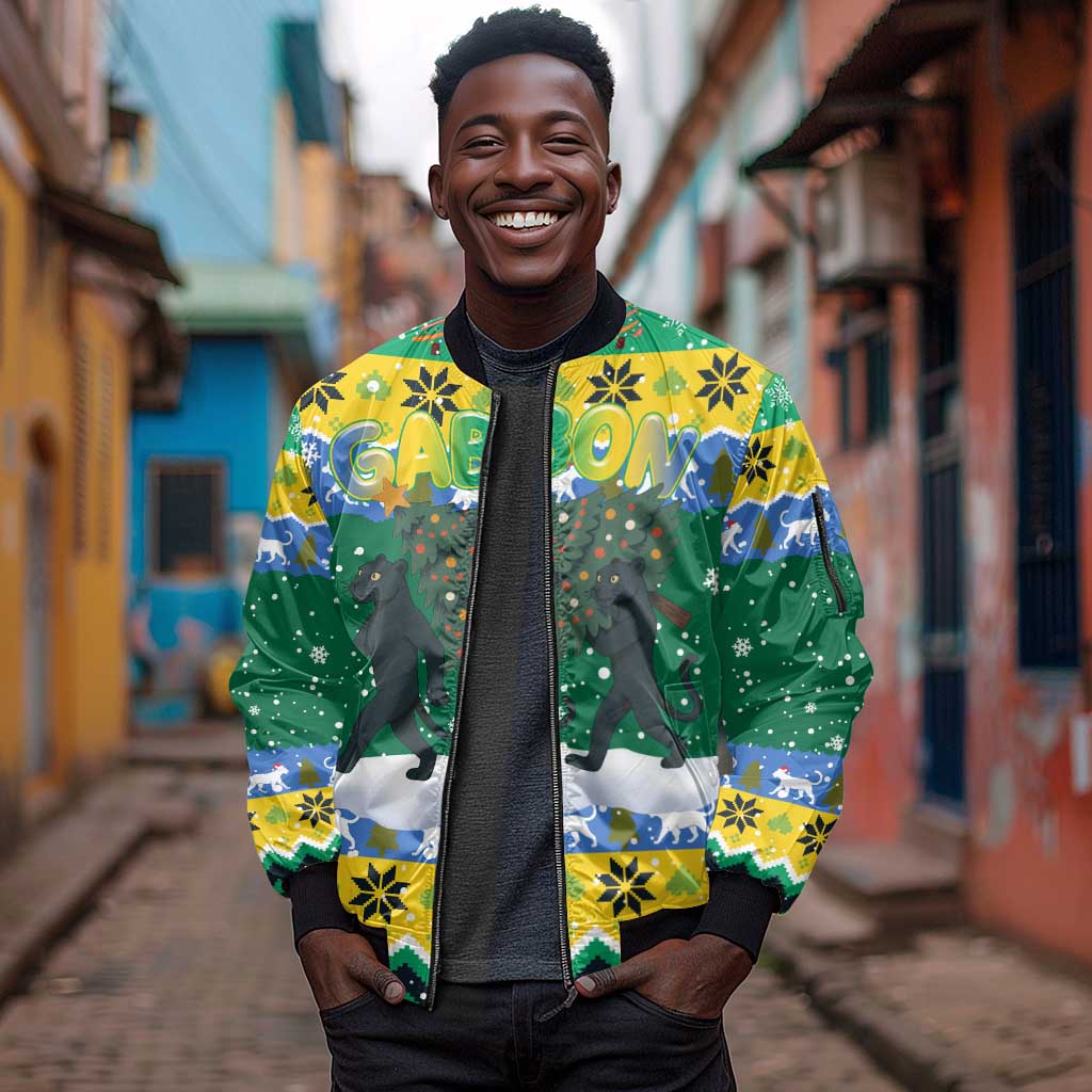 Gabon Christmas Sleeve Zip Bomber Jacket Black Panthers Carrying Tree and Snowflake - African Pride