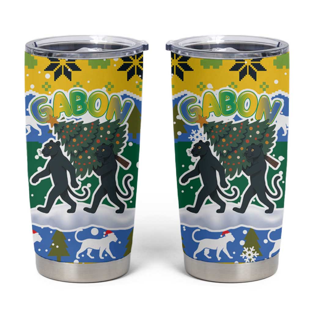 Gabon Christmas Tumbler Cup Black Panthers Carrying Tree and Snowflake - African Pride