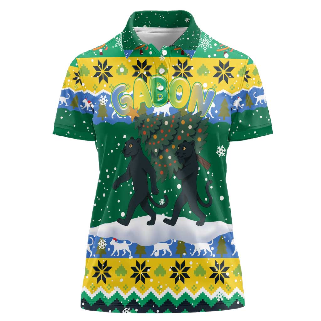 Gabon Christmas Women Polo Shirt Black Panthers Carrying Tree and Snowflake - African Pride