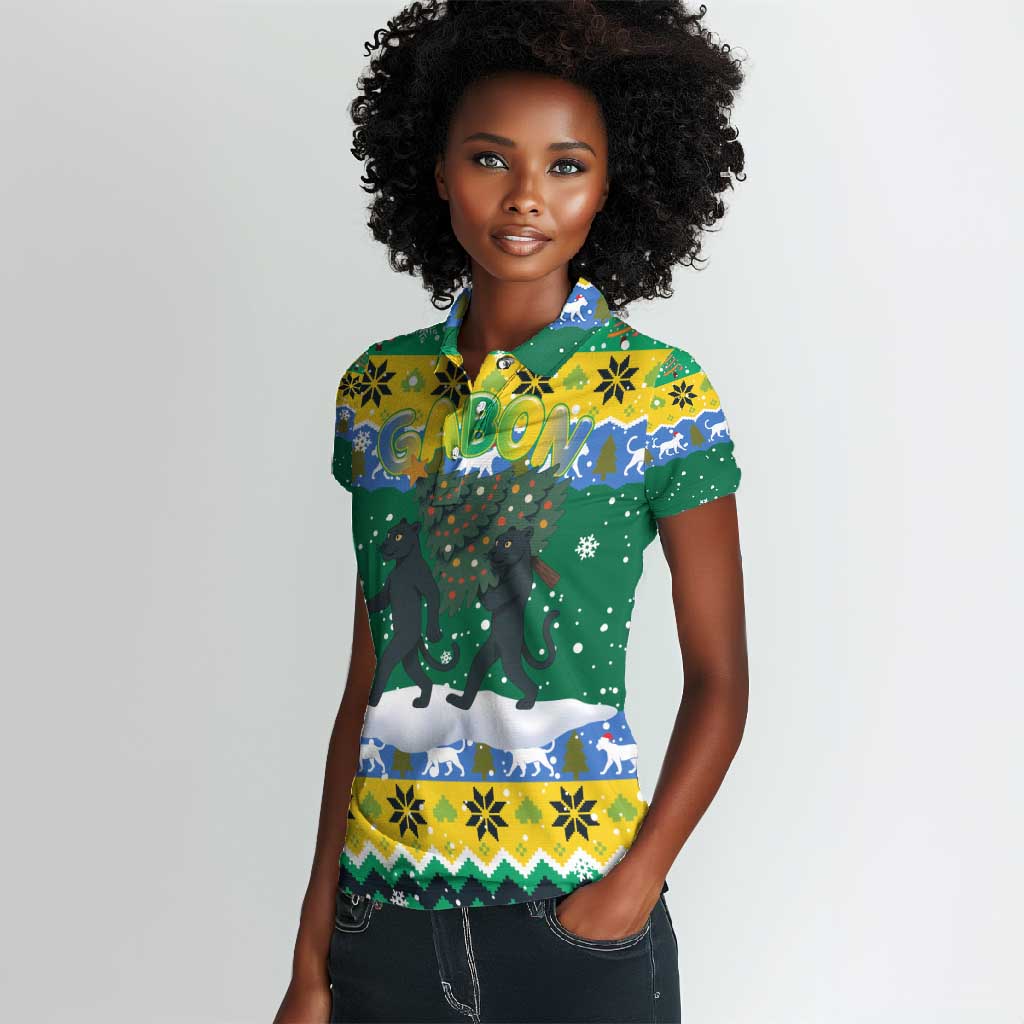 Gabon Christmas Women Polo Shirt Black Panthers Carrying Tree and Snowflake - African Pride