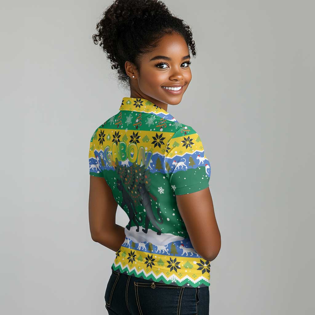 Gabon Christmas Women Polo Shirt Black Panthers Carrying Tree and Snowflake - African Pride