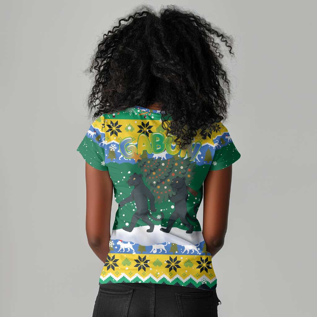 Gabon Christmas Women V-Neck T-Shirt Black Panthers Carrying Tree and Snowflake - African Pride