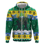 Gabon Christmas Zip Hoodie Black Panthers Carrying Tree and Snowflake - African Pride