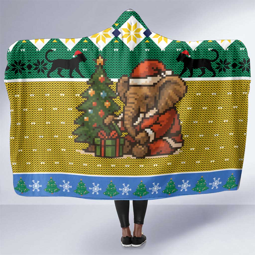 Gabon Christmas Hooded Blanket Pixel Art Elephant Santa Christmas Tree and Flag - African Pride