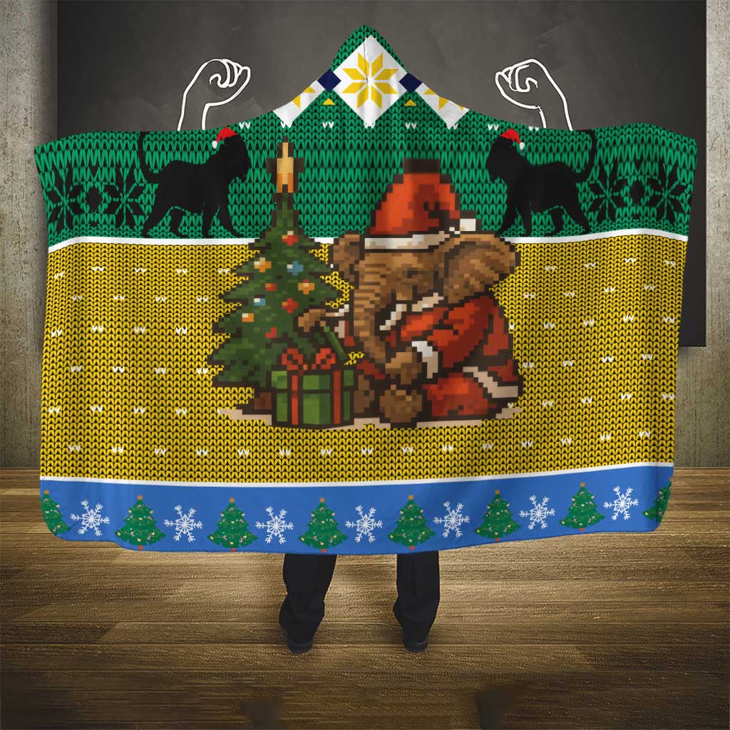 Gabon Christmas Hooded Blanket Pixel Art Elephant Santa Christmas Tree and Flag - African Pride